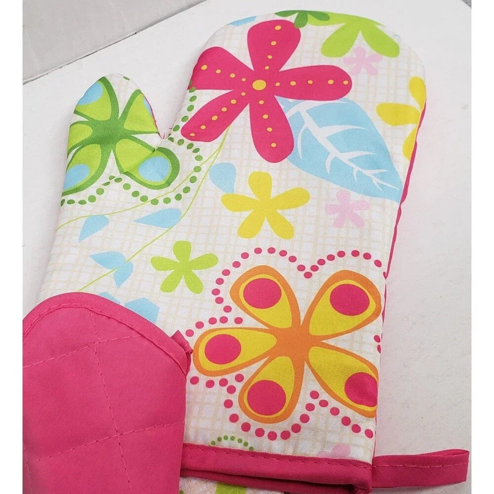 3pc Kitchen Set:1 Pot Holder,1 Oven Mitt,1 Microfiber Towel, Multicolor Flowers,